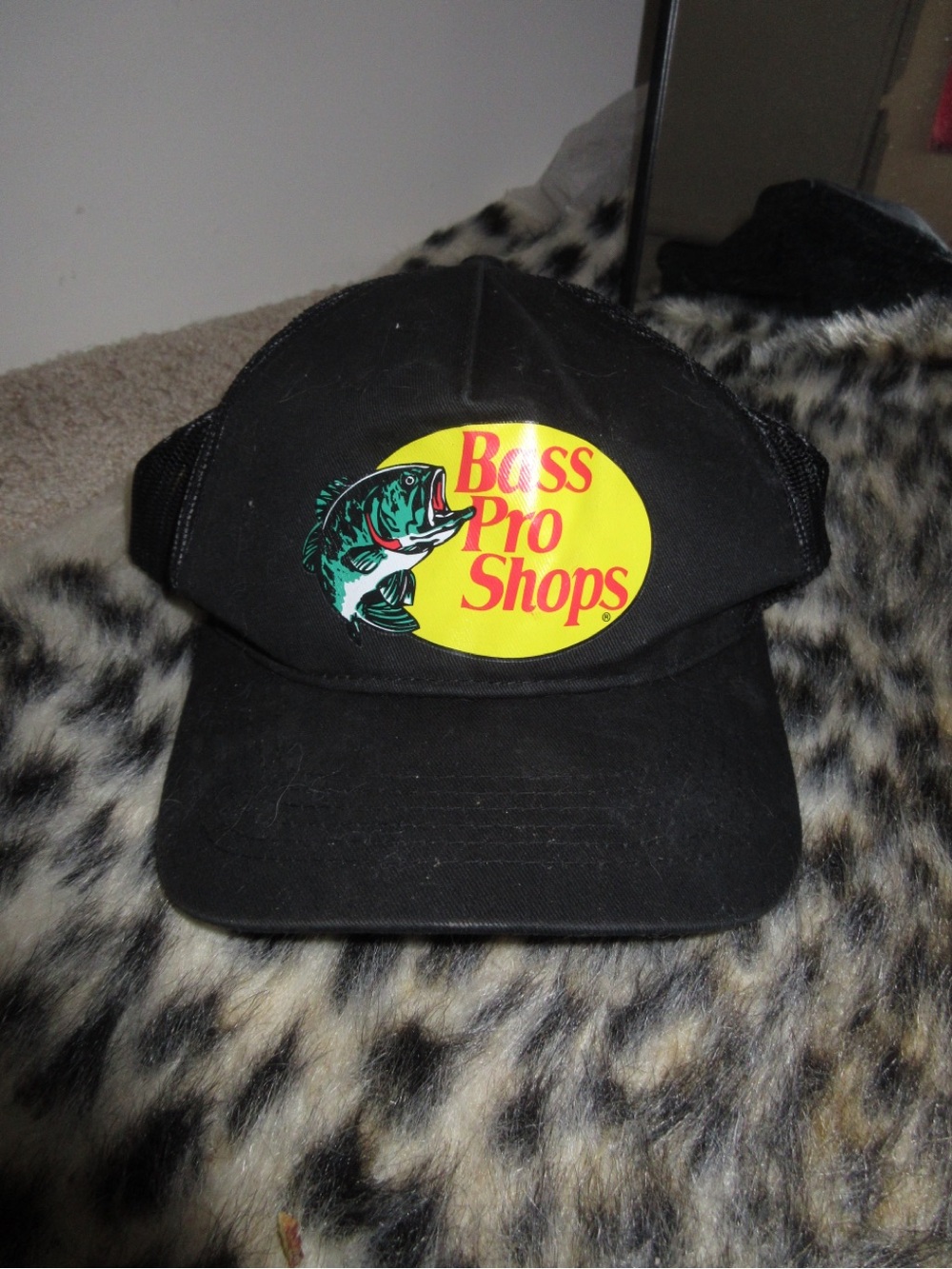 Bass Pro Shops Black Cap with Yellow Logo and Green Fish